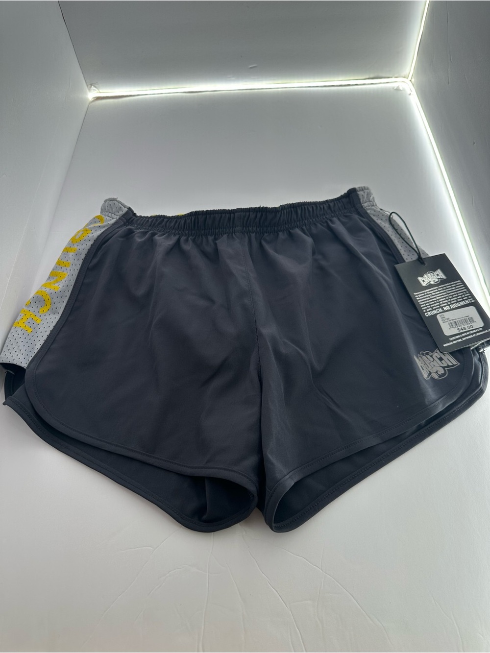 Women’s Black Athletic Shorts with Grey Side Panel and Yellow Accent
